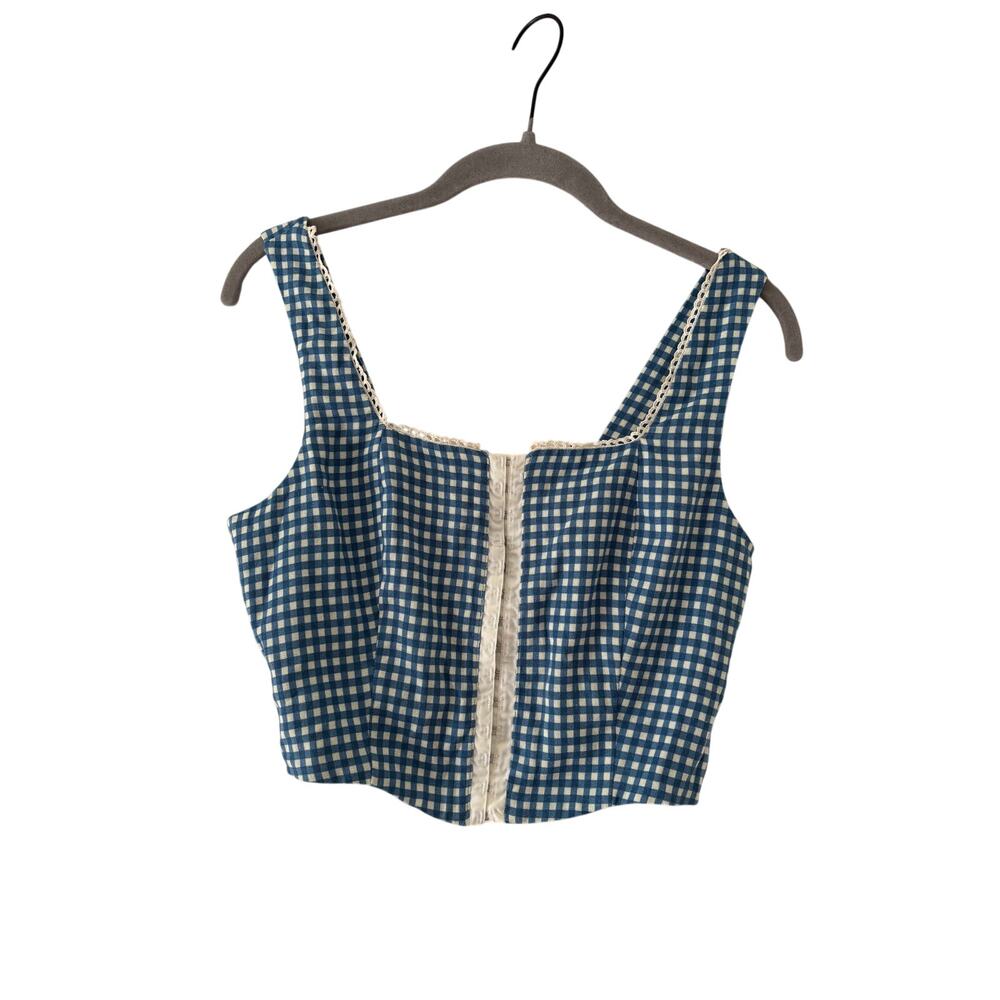 Monteau Los Angeles Blue White Gingham Crop Top S - Picture 2 of 7